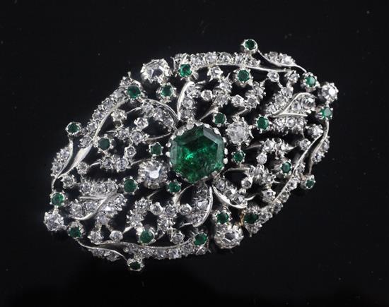 A 19th century gold and silver, emerald and old and rose cut diamond set pierced oval brooch, 53mm.